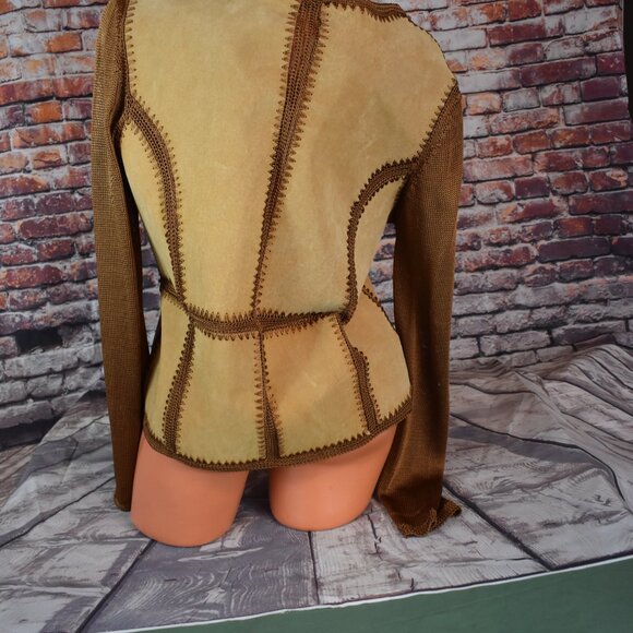 Carducci Sz Medi Leather Suede Jacket Crochet Patchwork Button Tan Boho Cowgirl - Picture 7 of 12